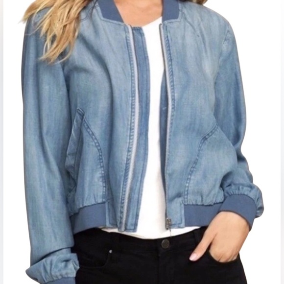 cloth & stone Jackets & Blazers - Cloth & Stone Chambray Bomber Jacket Tencel Small Full Zipper 2 Pockets Blue